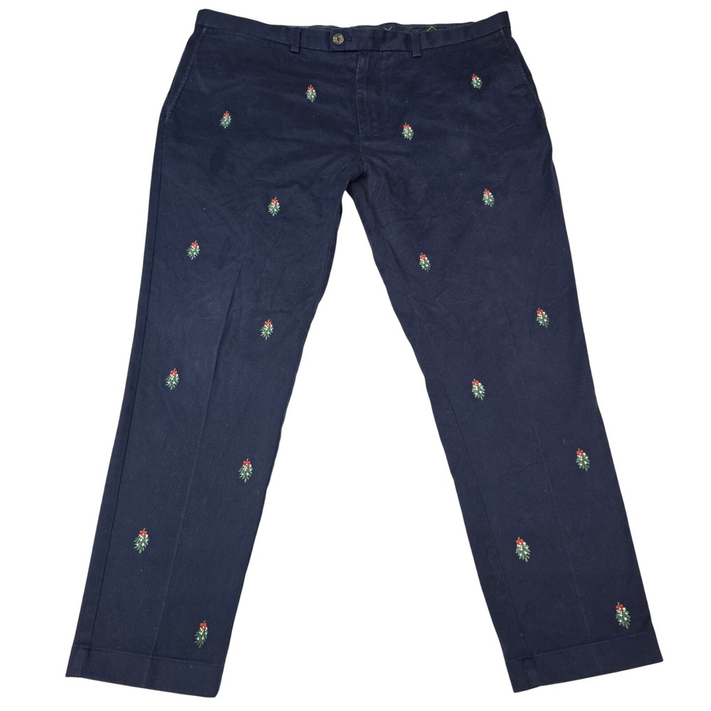 Brooks Brothers Red Fleece Mens 40x30 Navy Mistletoe Embroidered Chino Pants